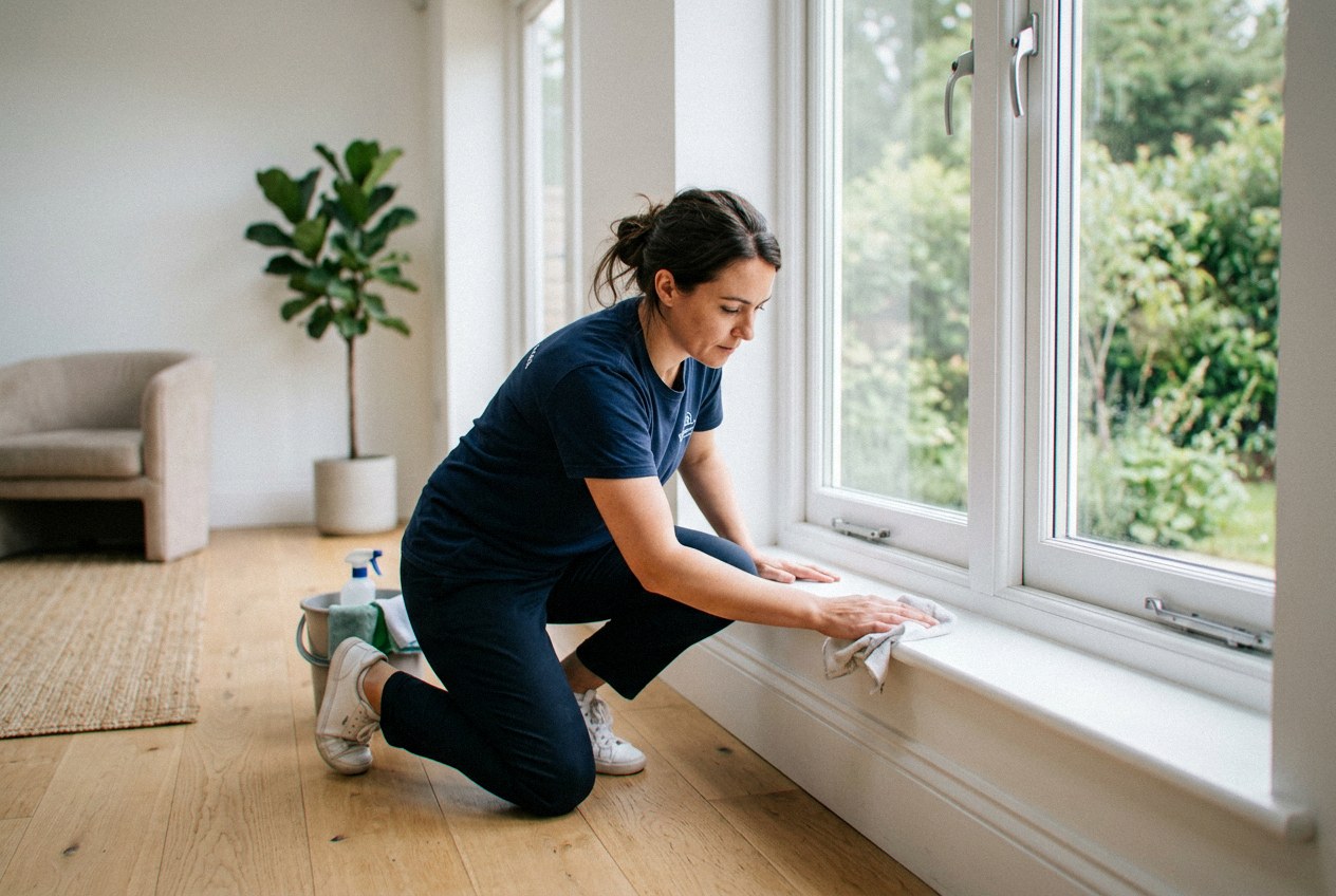 A cleaner detailing baseboards and window sills during a deep clean at Freshet house cleaning in Alba Verde — first-time and seasonal deep cleaning