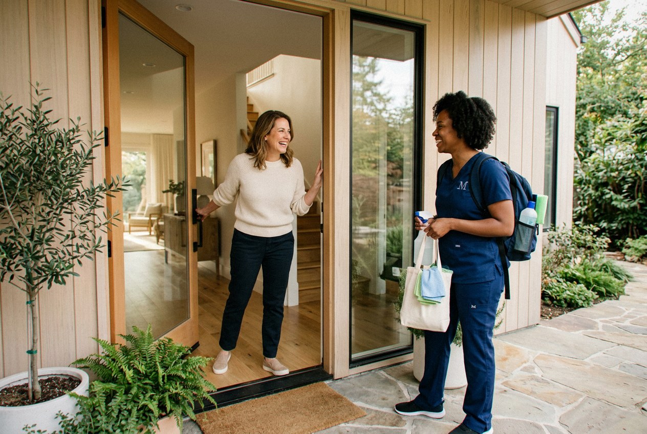 A Freshet crew member greeting a homeowner at the front door of a modern Alba Verde home — trusted, background-checked house cleaning with the same crew each visit