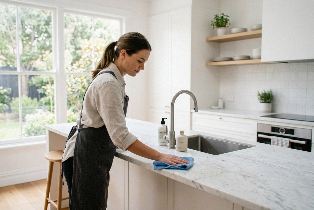 A cleaner wiping down white marble kitchen counters during a standard clean at Freshet home cleaning in Alba Verde — recurring maid service