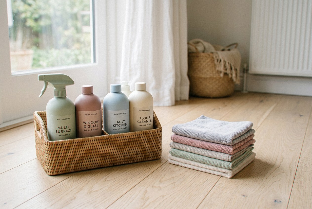 A tidy caddy of eco-friendly cleaning supplies and folded microfiber cloths on a pale oak floor at Freshet home cleaning in Alba Verde — fragrance-free green cleaning options